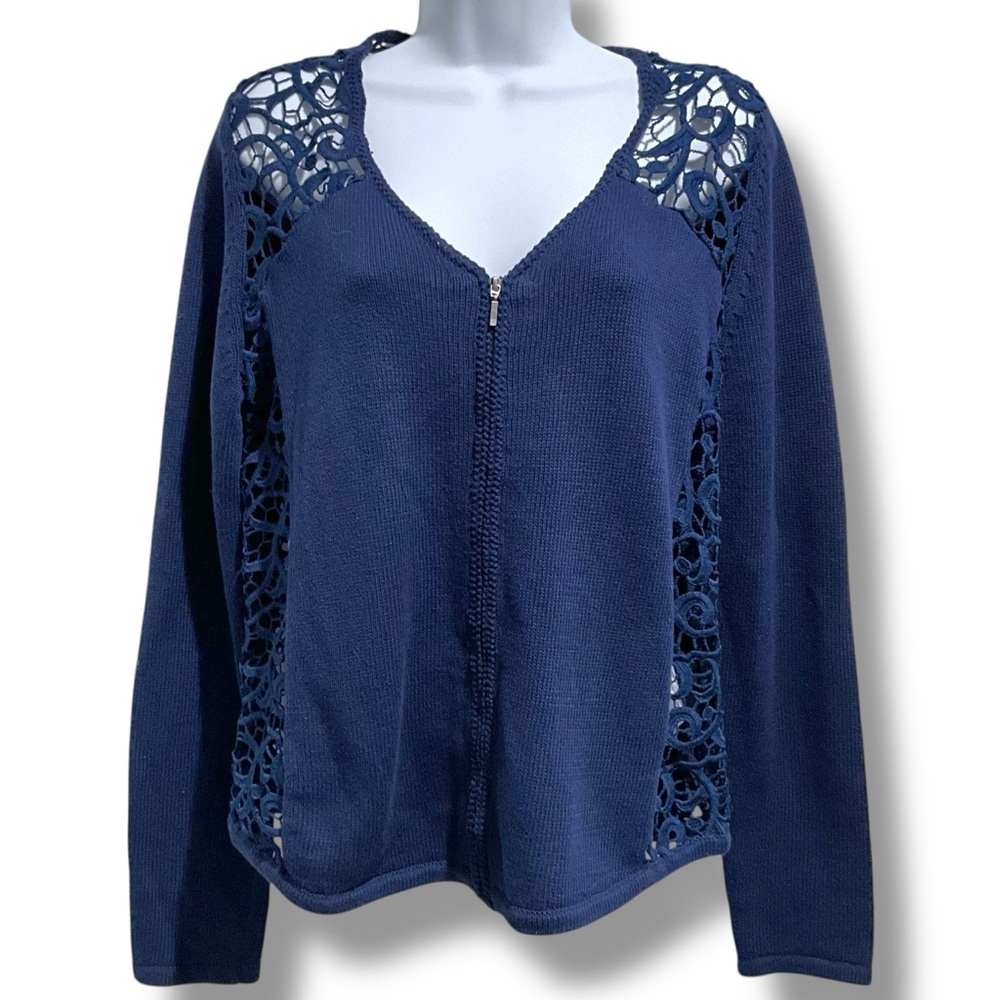 Chico's Women's 1 (8) Long Sleeve Navy Blue Crochet Lace Full Zip Cardigan
